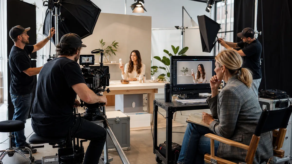 Envy Creative crew filming an e-commerce product ad with professional talent while a brand manager reviews the scene