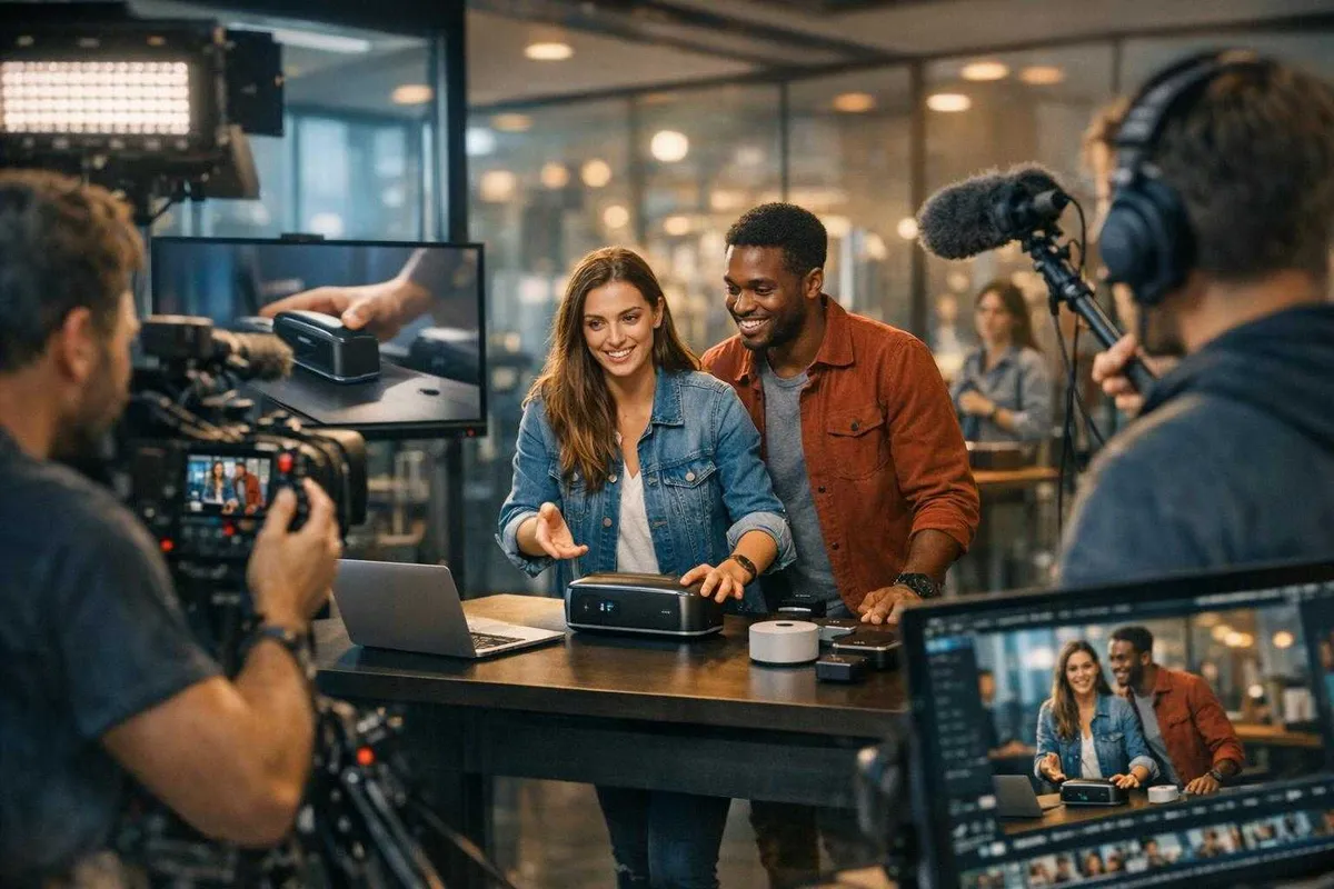 A lively indoor video production scene featuring a woman and a man demonstrating electronic devices behind a table, surrounded by camera operators, sound engineers, and professional filming equipment in a modern studio setting.