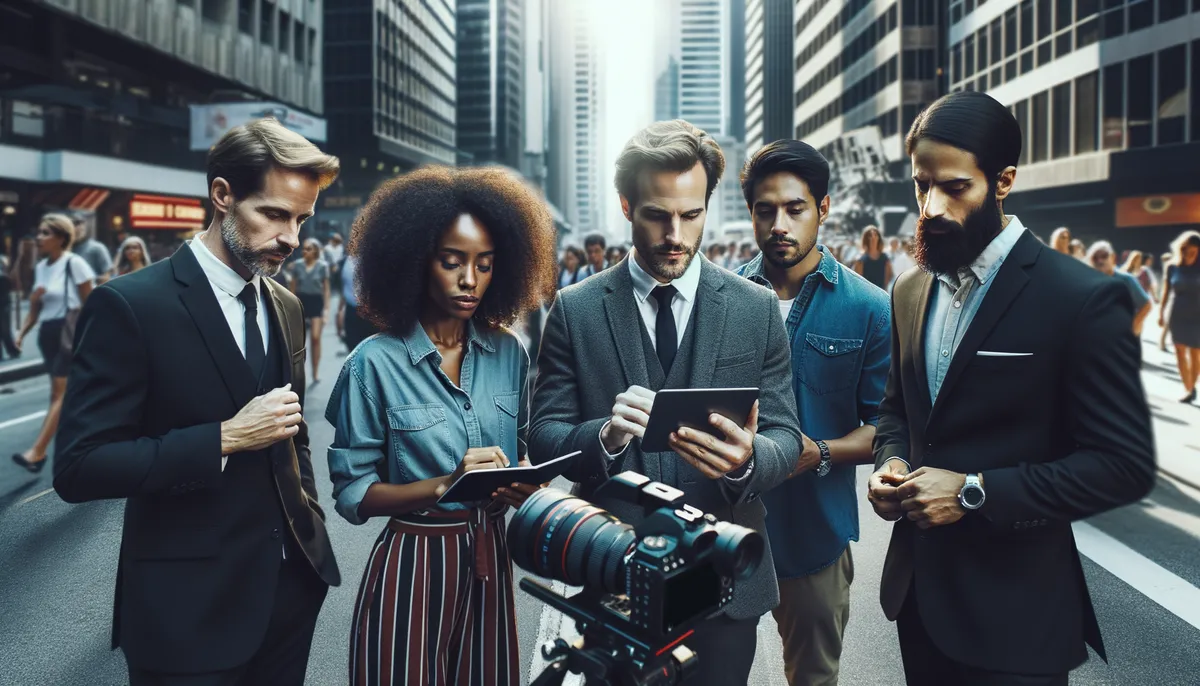 A diverse group of five people stand in the middle of a busy urban street, focusing on a digital tablet and notebook. A camera is set up in front of them, and tall buildings surround the scene. The people appear engaged and collaborative.