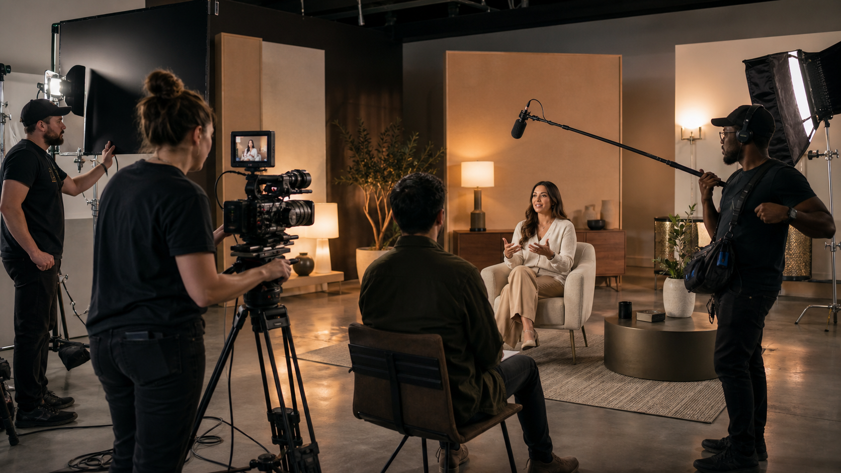 Envy Creative crew filming an expressive customer testimonial on a polished commercial set