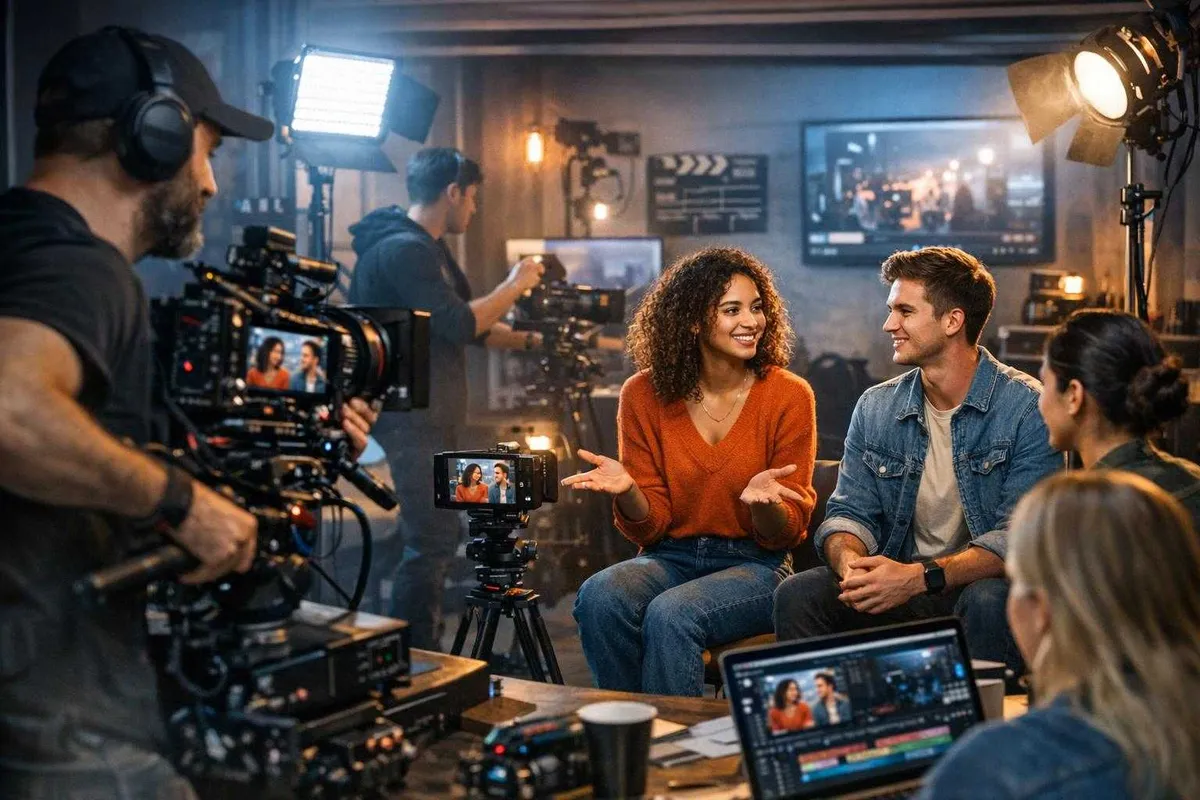 Image of a professional indoor film or video set with crew members operating equipment around two smiling talents engaged in conversation, illuminated by studio lights and surrounded by cameras, monitors, and production gear.