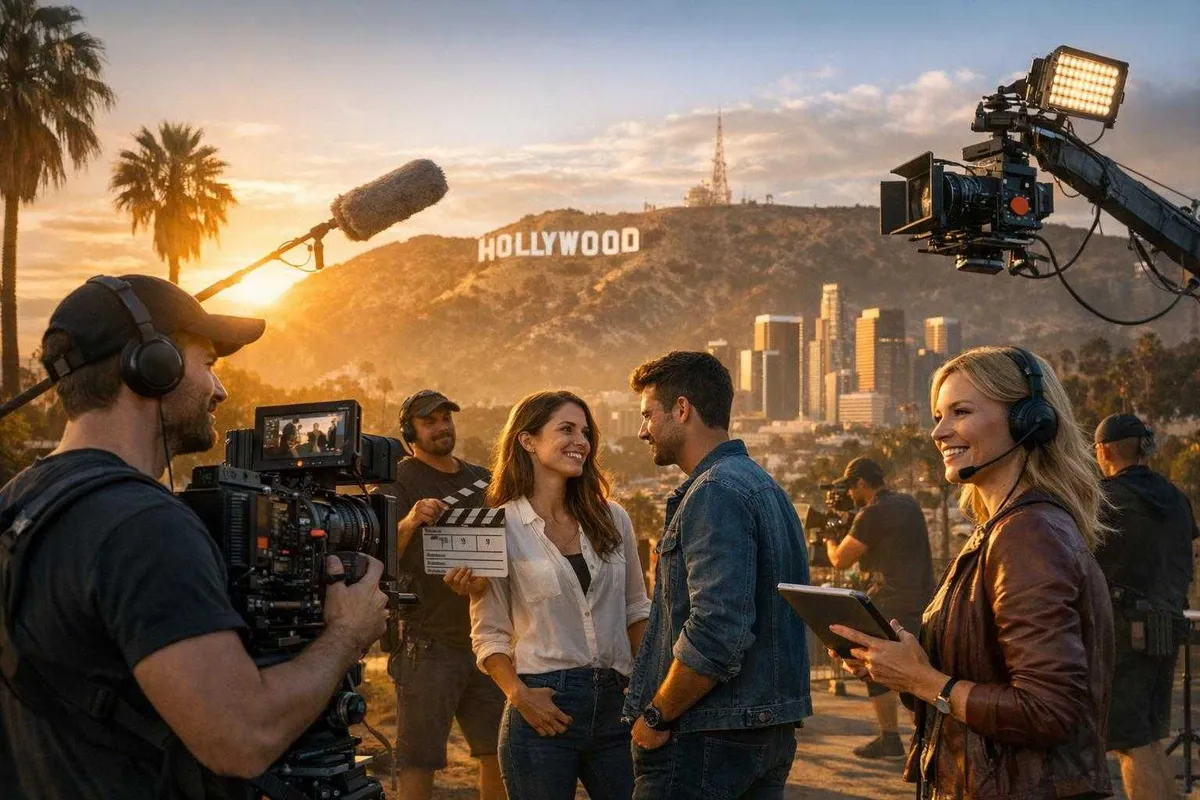 A vibrant film production scene set against the Hollywood sign and Los Angeles skyline at sunset, featuring crew members, actors, and filming equipment in the foreground and mid-ground.