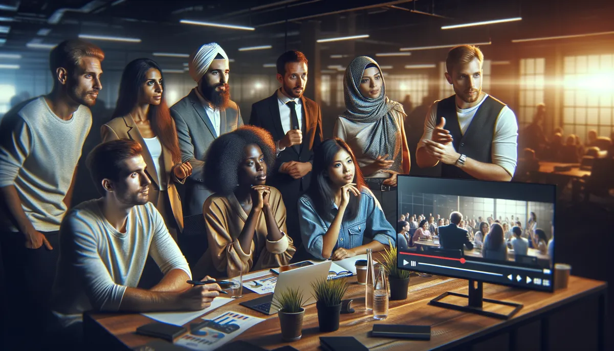 A diverse group of people is gathered around a desk in an office setting, intently watching a video on a monitor. The room is dimly lit with modern hanging lights, and the table is adorned with laptops, documents, and small potted plants. The scene conveys a collaborative and focused work environment.