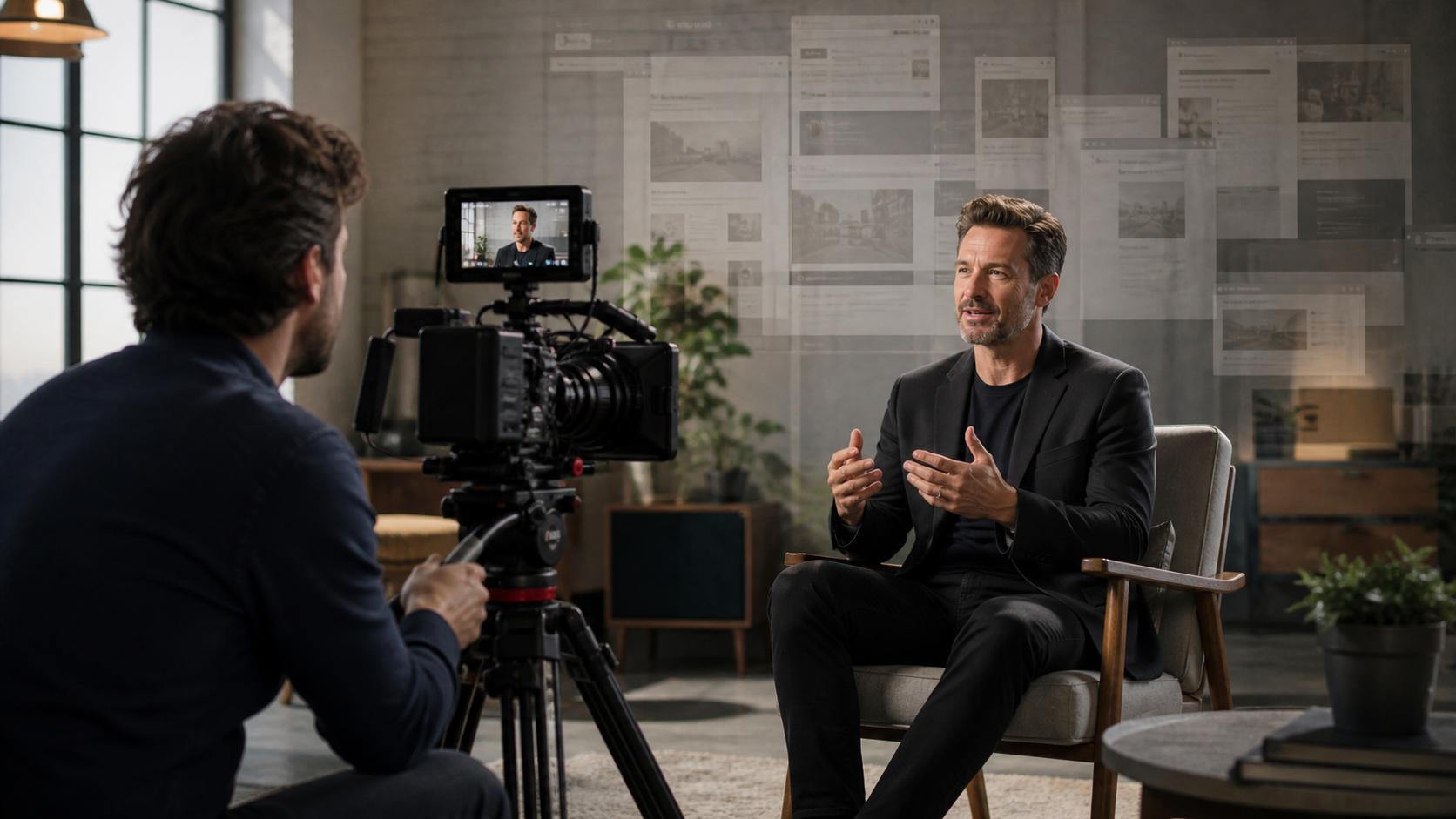 Creative director filming a business expert as abandoned blog pages fade into the background