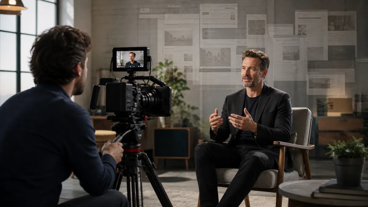 Creative director filming a business expert as abandoned blog pages fade into the background
