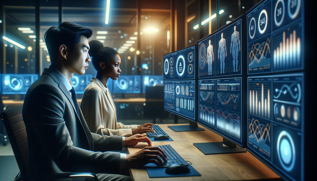 Two professionals working at desks with multiple computer monitors displaying data visualizations and charts in a modern, dimly lit office setting.