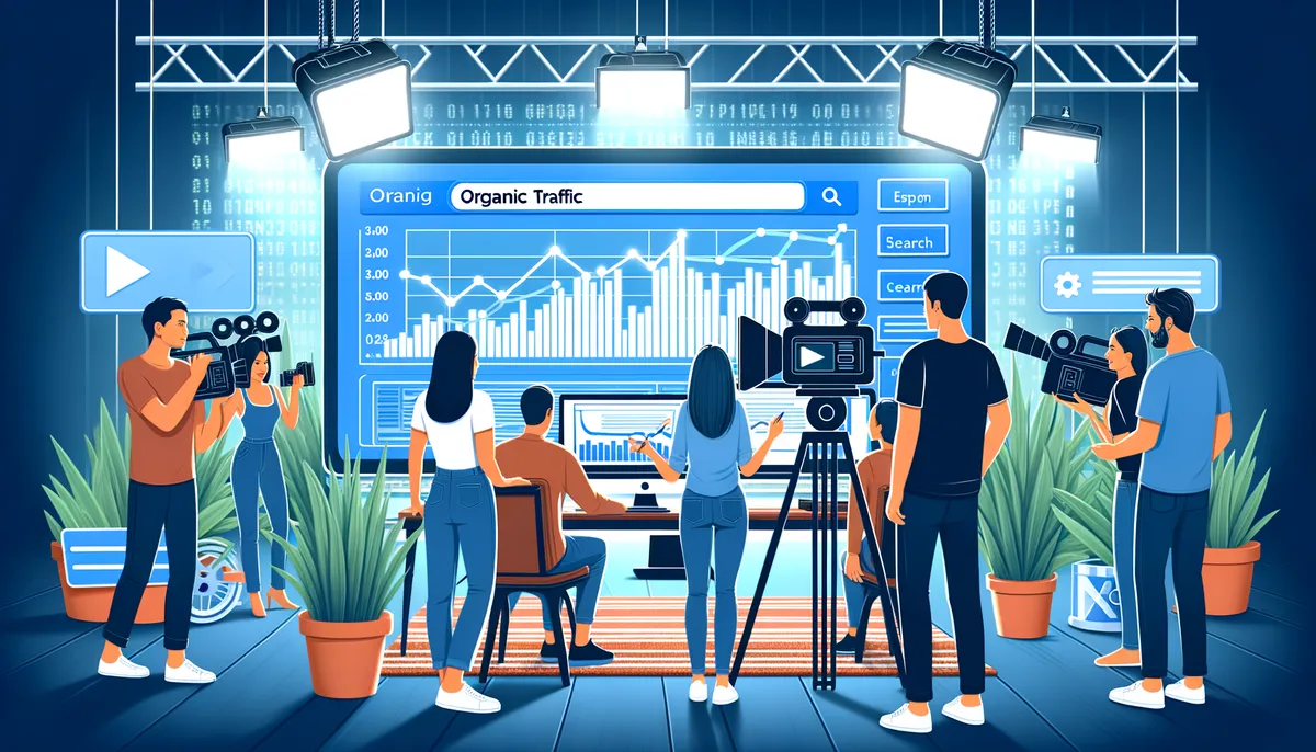 A group of people in a studio setting is filming a large screen displaying analytics data, including charts and graphs labeled "Organic Traffic." Camerapersons with video cameras are positioned around the scene, with additional lighting and a digital interface in the background. Potted plants add greenery to the space.