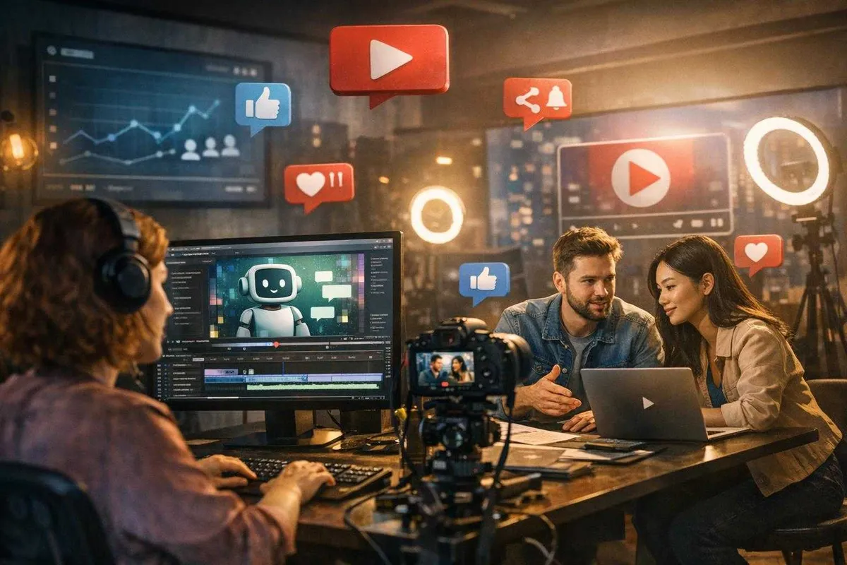 A busy modern digital content creation studio with an editor working at a computer displaying a robot character, a camera setup with a ring light, content creators reviewing footage, and floating social media icons, all illuminated by warm ambient lighting.
