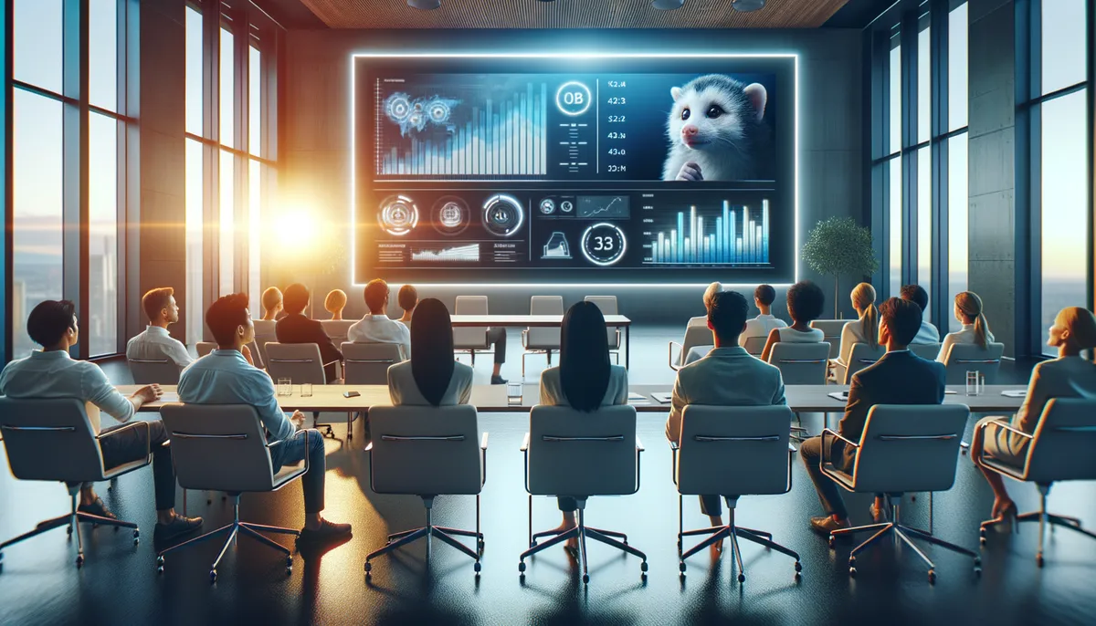A group of people sitting in a modern conference room with large windows, attentively watching a presentation on a large screen. The screen displays various data visualizations and an image of a cute opossum. Sunlight is streaming through the windows, casting a warm glow over the room.