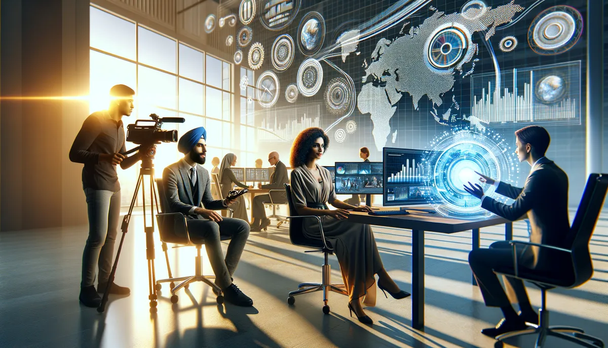 A diverse group of professionals working in a modern, tech-driven office environment. A cameraman is filming, while others collaborate at desks with multiple screens displaying data and world maps. A digital interface with futuristic holographic elements is being interacted with. Sunlight streams in through large windows, creating a dynamic and innovative atmosphere.
