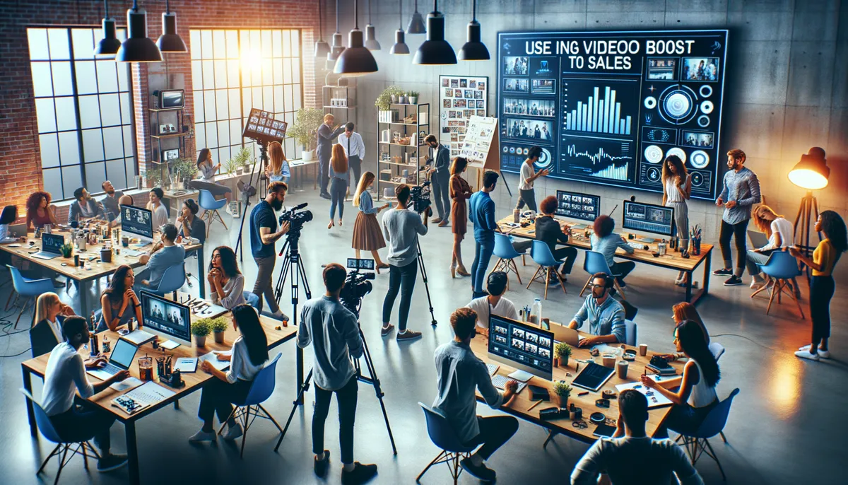 A bustling modern office environment where diverse professionals collaborate on multimedia projects. The space is filled with people working at computers, filming with cameras, and discussing strategies. A large digital display shows graphs and data related to video boosting sales, contributing to a dynamic and creative atmosphere.