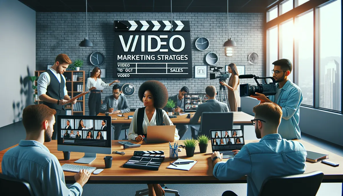 Create an image suitable for a blog header. The subject matter is video marketing strategies to boost sales. Include photo-real diverse people working in an office environment. They should appear engaged, possibly brainstorming creative ideas or actively participating in a video project production. One person could be holding a clapperboard, another reviewing footage on a computer, and a third individual filming with a professional camera. The location should be professional, well-lit, and modern indicating a productive and creative workplace. Do not include any text or logos in the image.