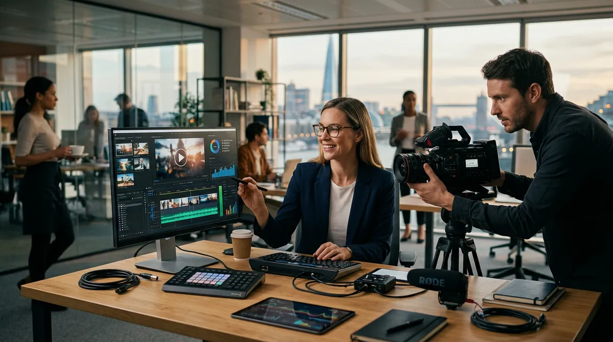 A woman in an office setting is working on video editing software displayed on her computer monitor. She is pointing at the screen with a pen, engaged in a discussion with a man operating a professional video camera. The office is bustling with several people in the background, and there is a large window offering a view of a cityscape. The workspace includes other equipment like a microphone, tablet, and notebooks on the desk.