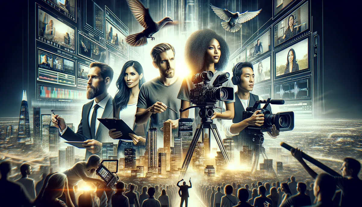 A dynamic digital collage showcasing a diverse group of media professionals, including a man with a pen, a woman with a clipboard, and people operating cameras. They stand in front of a futuristic cityscape with skyscrapers illuminated by golden light. Screens displaying various video footage and sound waves surround them, while birds soar above, symbolizing communication. In the foreground, a crowd watches attentively as a person gestures towards the scene, conveying a sense of storytelling and media influence.