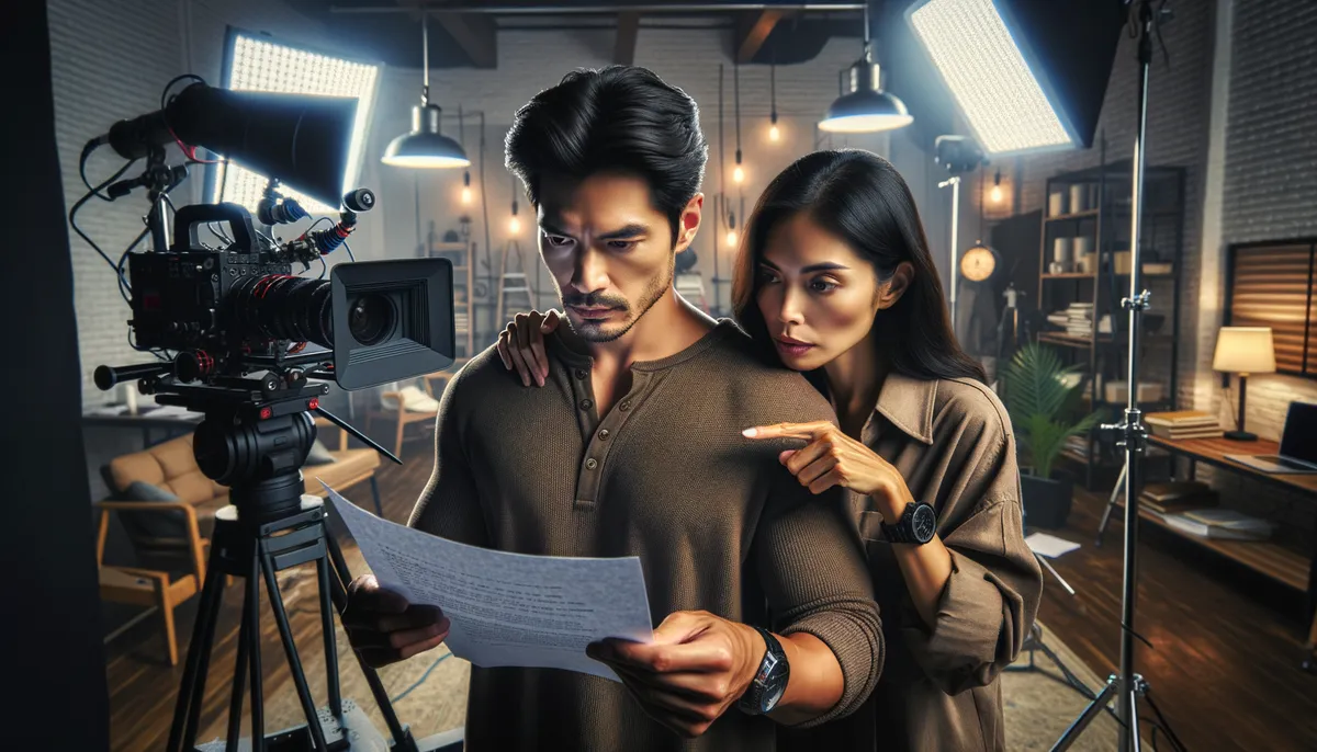 A man and woman stand closely together on a film set, surrounded by professional lighting equipment. The man, wearing a brown long-sleeve shirt, is focused on reading a script he holds in his hands, while the woman leans over his shoulder, pointing at the paper. The set is warmly lit, with shelves and modern decor visible in the background.