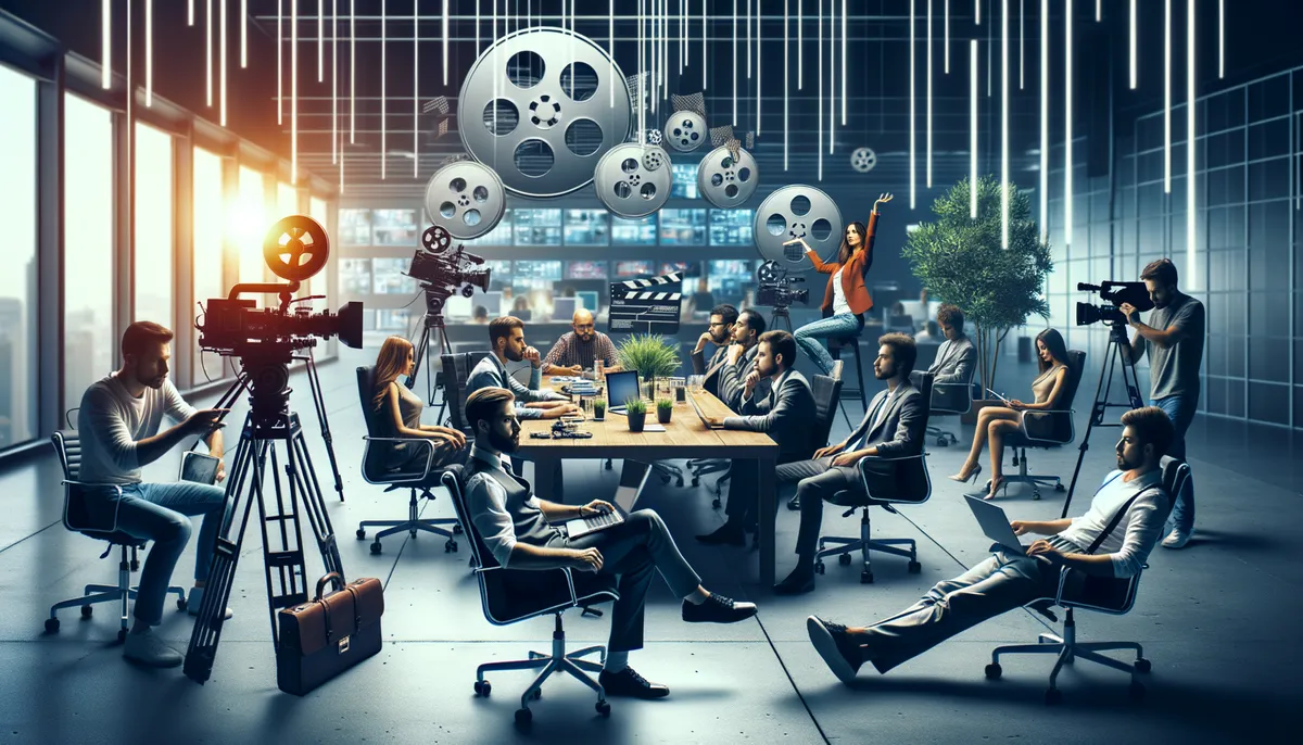A bustling office scene with a large conference table surrounded by people engaged in discussion, using laptops and notepads. Film reels and cameras are prominently displayed, suggesting a media or film production environment. The lighting is modern, with vertical light strips hanging from the ceiling. A person in vibrant attire poses energetically on a chair, adding a dynamic element to the setting.