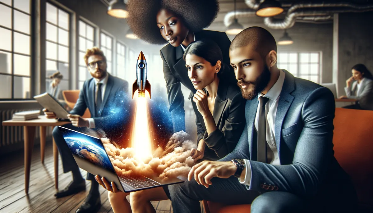 A diverse group of four professionals in a modern office, focused on a laptop displaying a rocket launching into space. The rocket is surrounded by clouds and cosmic visuals, symbolizing innovation and teamwork.