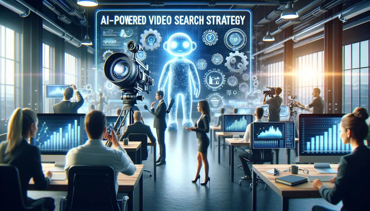 A modern office setting with people working at desks, focusing on computer screens displaying bar charts. In the background, there's a large digital board labeled "AI-Powered Video Search Strategy" with a holographic figure and digital icons. Several people are using cameras and filming, while others are engaged in discussions or presentations. The room is well-lit with natural light streaming through large windows.
