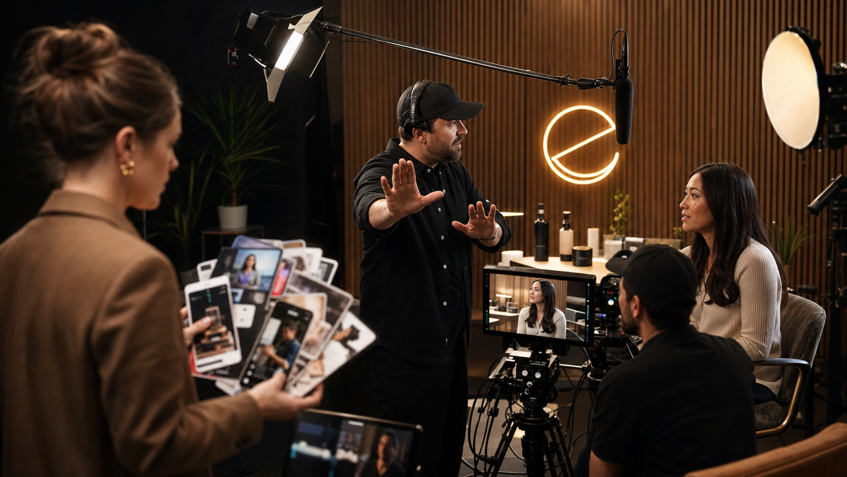 Envy Creative production team filming a brand video while a marketer holds scattered content clips