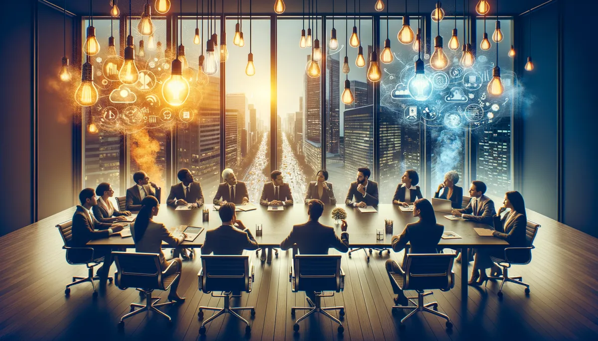 A business meeting takes place in a modern conference room with large windows overlooking a cityscape. People in formal attire sit around an oval table, engaged in discussion. Above the table, various light bulbs are suspended, and digital graphics representing innovation and technology are displayed, symbolizing ideas and collaboration.