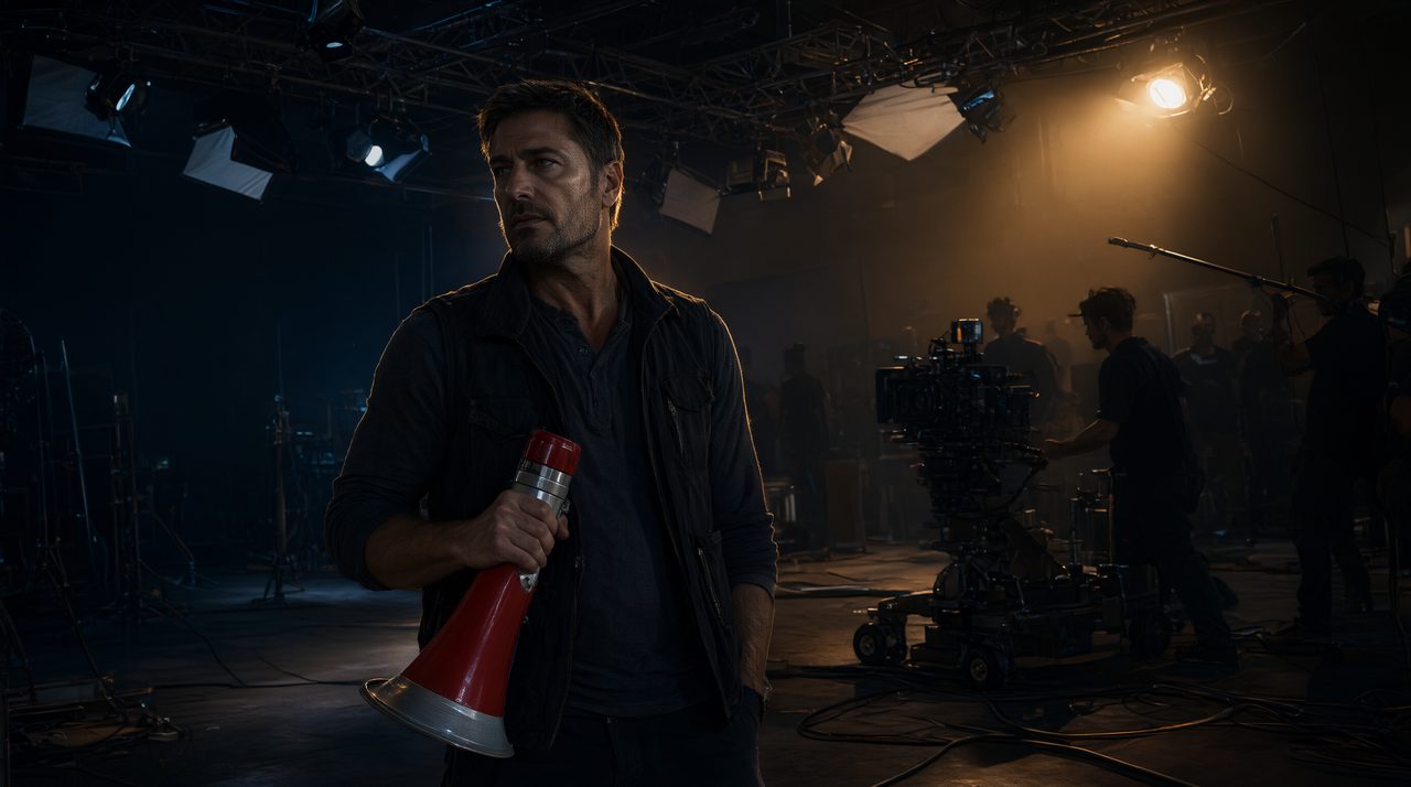 A film director holding a red megaphone on a dramatic commercial film set.
