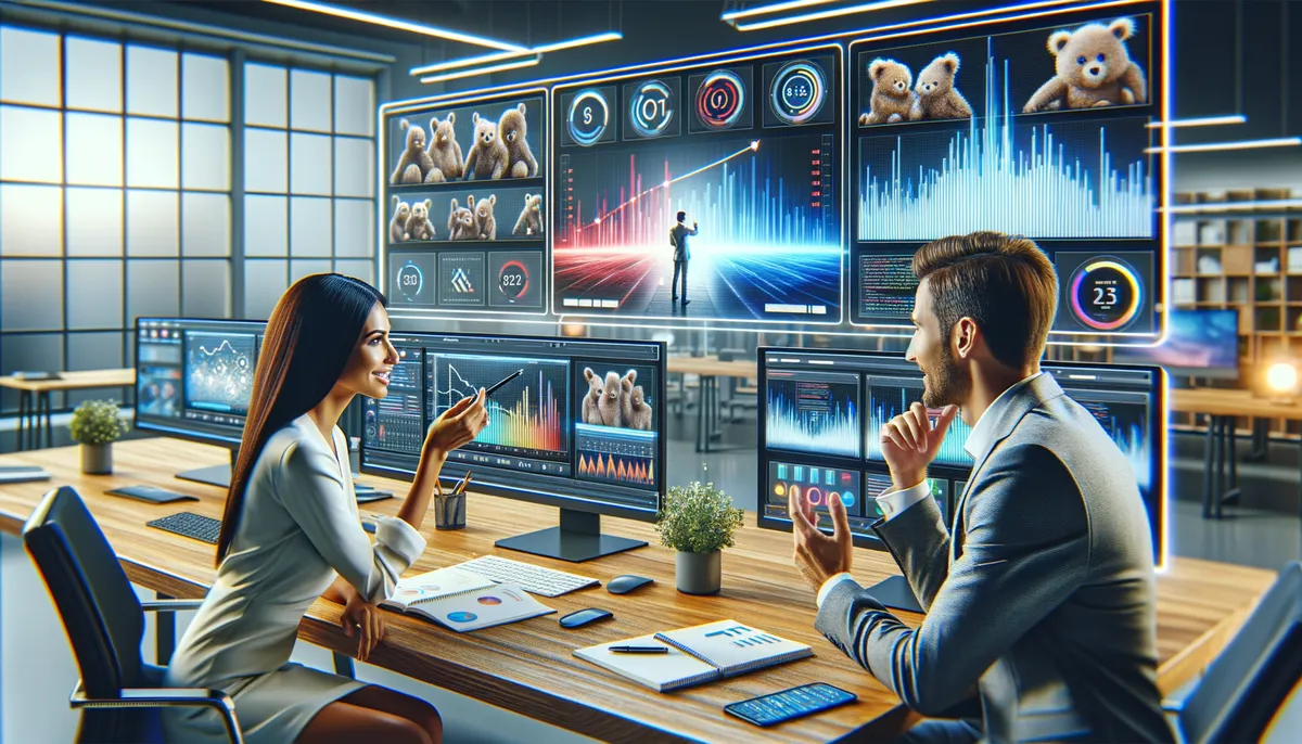 Two people in a modern office environment are engaged in a discussion. They sit at a table with multiple computer monitors displaying graphs, charts, and images of teddy bears. A large digital screen in the background shows various data visualizations with a small figure pointing, possibly interacting with the display. The setting is bright and high-tech, emphasizing a futuristic workplace.