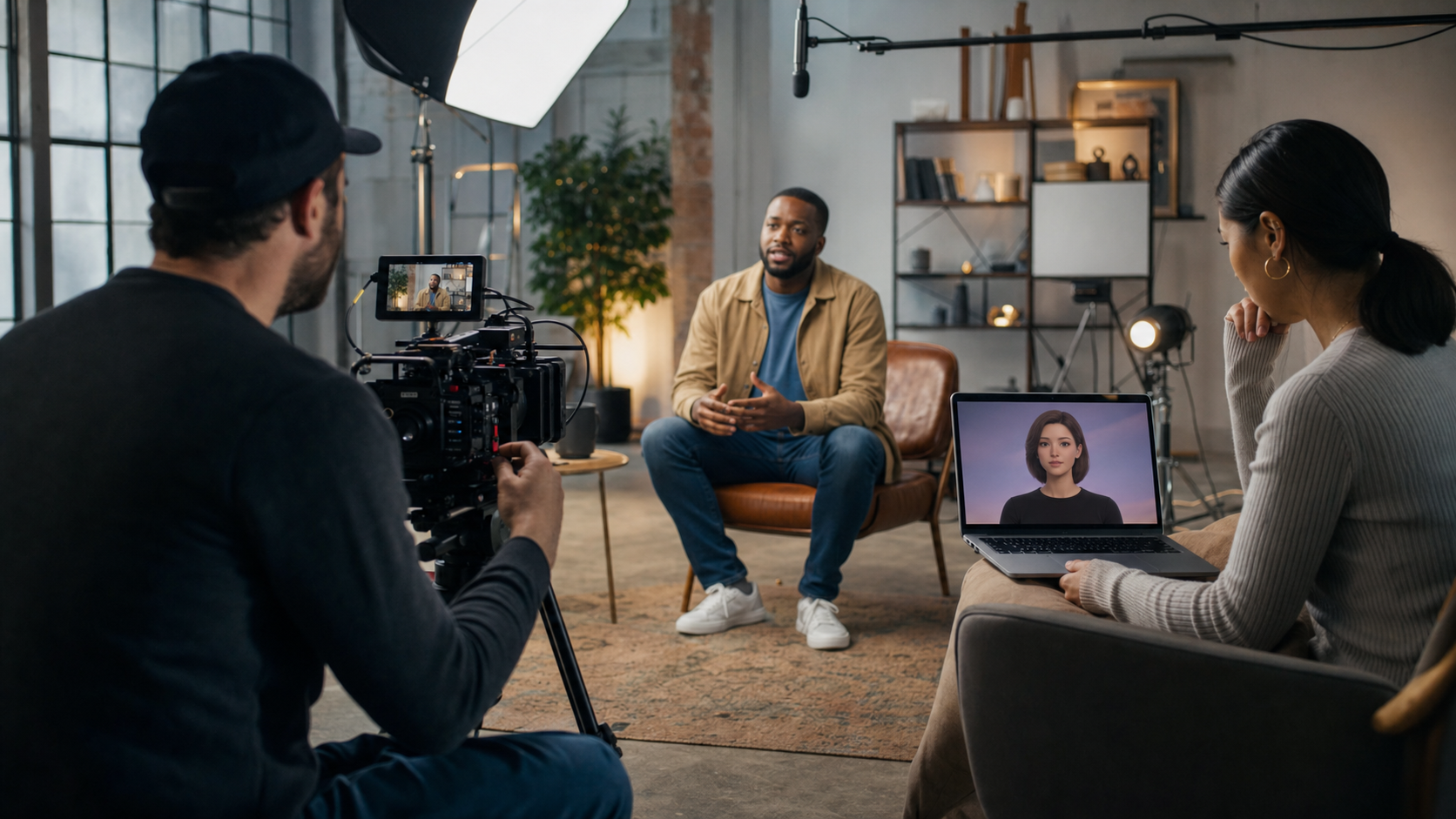 Director filming a real founder while a marketer reviews an artificial spokesperson concept nearby