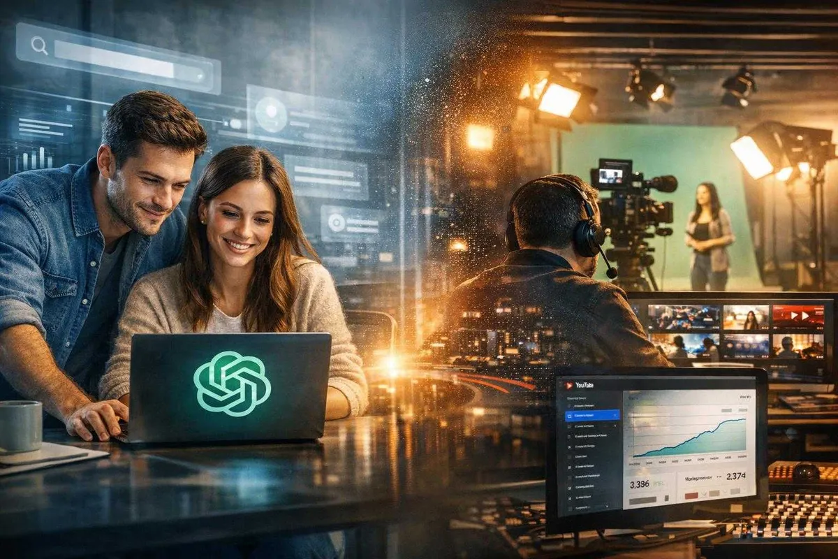 A composite image illustrating AI-assisted content creation with a man and woman using ChatGPT on a laptop amidst holographic interfaces on the left, and a video producer monitoring studio footage and YouTube analytics on the right, connected by a glowing dividing line.