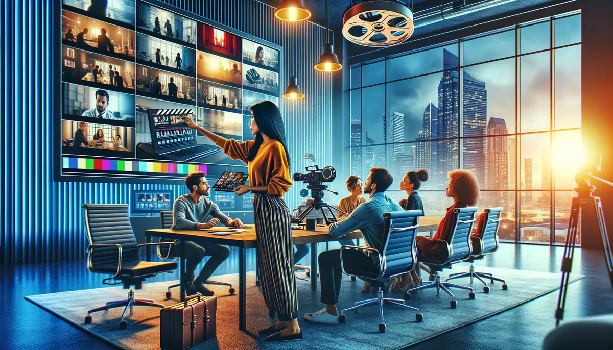 A group of people in a modern office setting, reviewing video footage projected on a large screen. The room is equipped with professional film equipment, and the city skyline is visible through large windows. One person stands at the table, pointing at the screen, while others sit around, engaged in discussion.