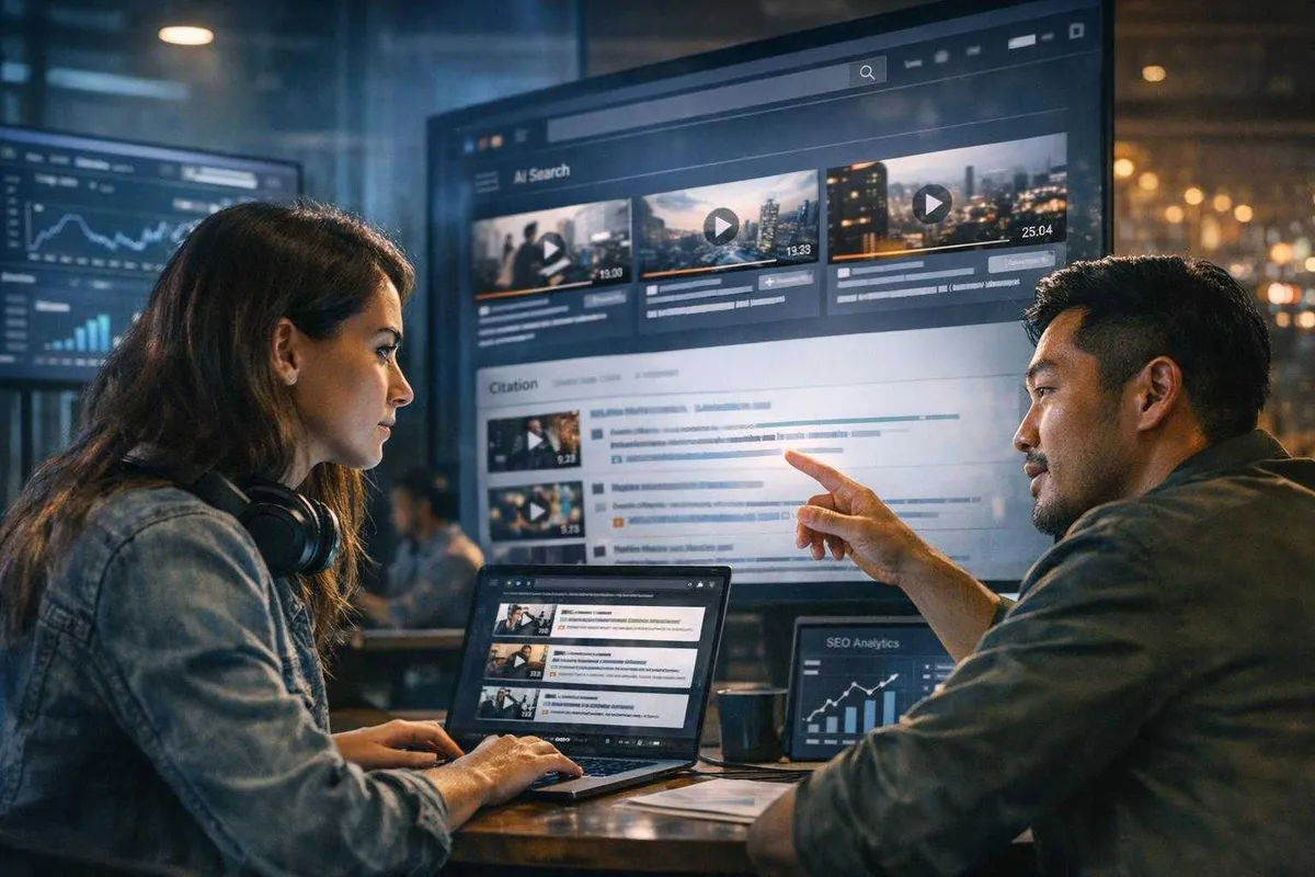 A photo of two professionals collaborating in a modern office, focusing on a large monitor displaying an AI search interface, video thumbnails, citation data, and a tablet showing SEO analytics, with data visualization screens in the background.