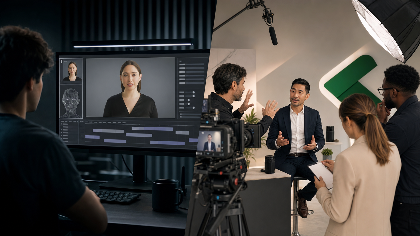 Side-by-side scene comparing a sterile AI avatar video workstation with an Envy Creative crew directing a real founder on a premium brand video set.