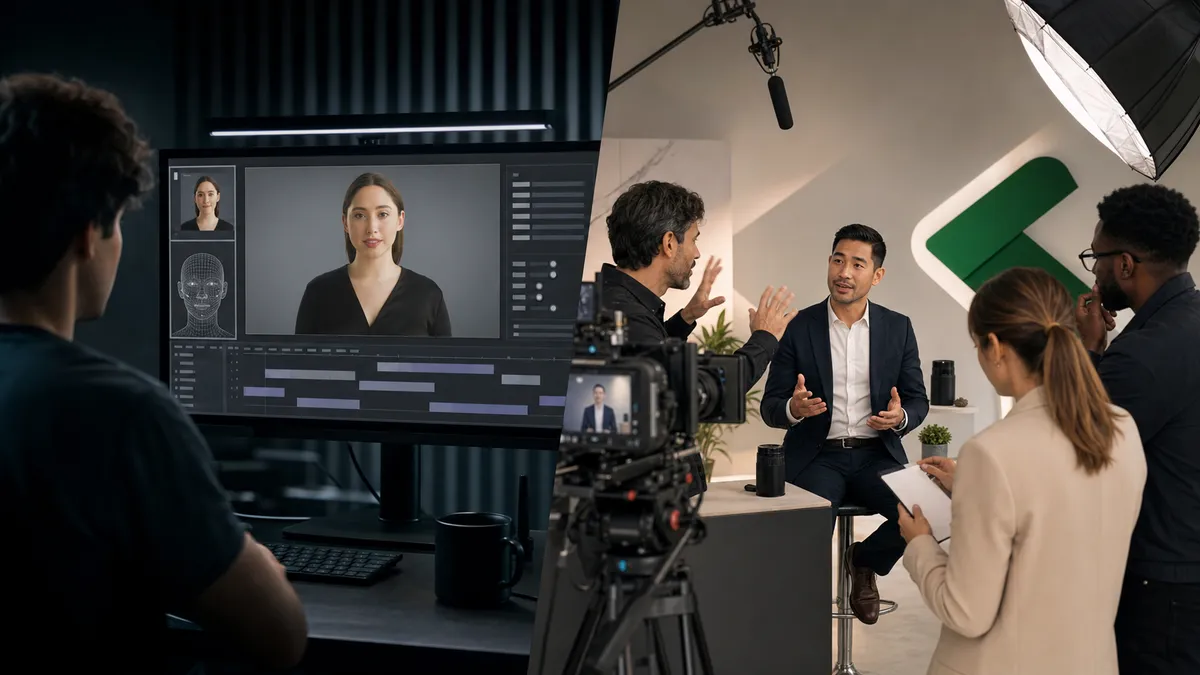 Side-by-side scene comparing a sterile AI avatar video workstation with an Envy Creative crew directing a real founder on a premium brand video set.