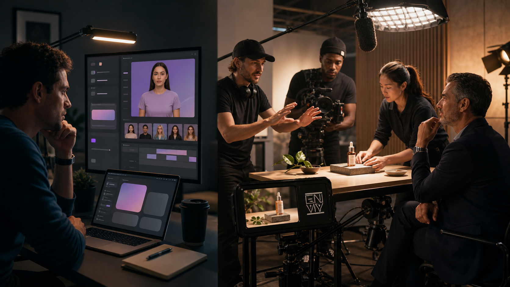 Marketer reviewing an AI avatar ad beside an Envy Creative crew filming a real product video