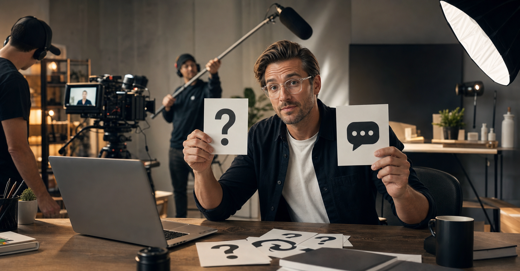 Creative director answering brand marketing questions at a desk inside a professional video production studio