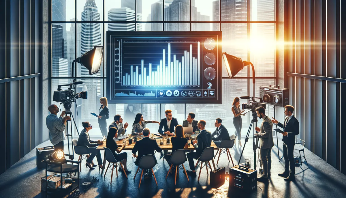 A group of business professionals having a meeting in a modern conference room with a large display screen showing charts and graphs. The room is equipped with professional lighting and cameras, indicating a recorded or broadcasted session. The background features a cityscape view through large windows, adding to the sophisticated atmosphere.