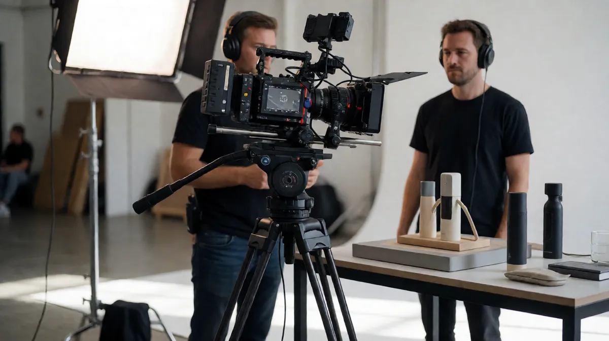 A professional cinema camera filming a product shoot with a director monitoring the scene.