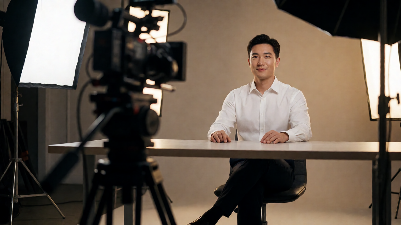 A professional video production studio with a cinema camera filming a presenter on a lit set.