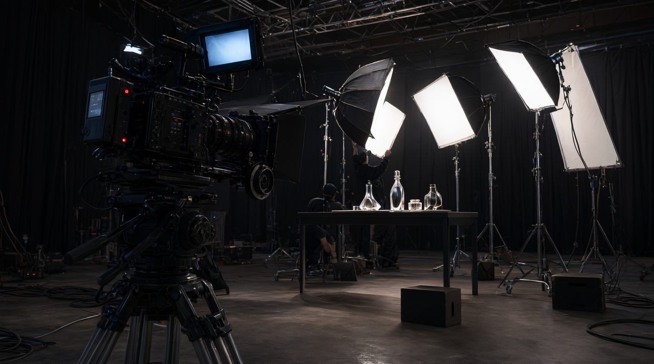 Behind-the-scenes photo of a professional commercial film set with a cinema camera, softbox lights, and a product table.