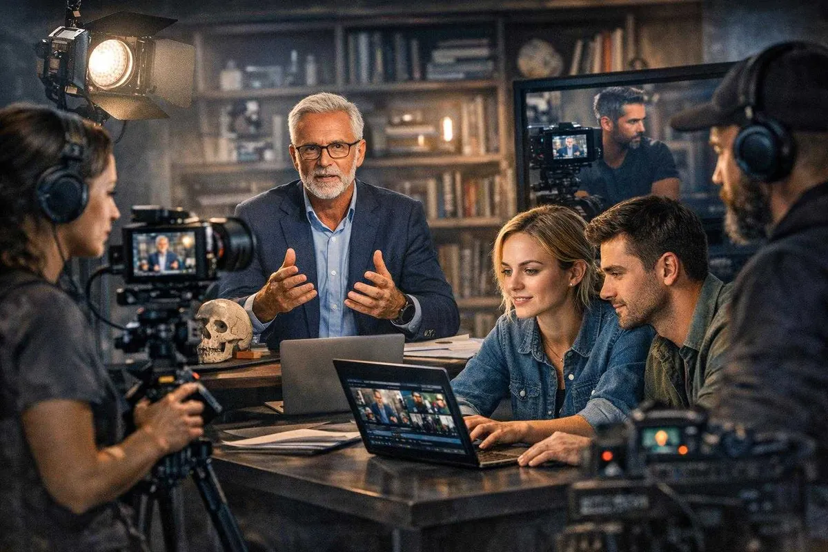 A bustling video production scene featuring a central speaker gesturing during a recording session, surrounded by crew members, camera equipment, a bookshelf background, and collaborators editing at a table.
