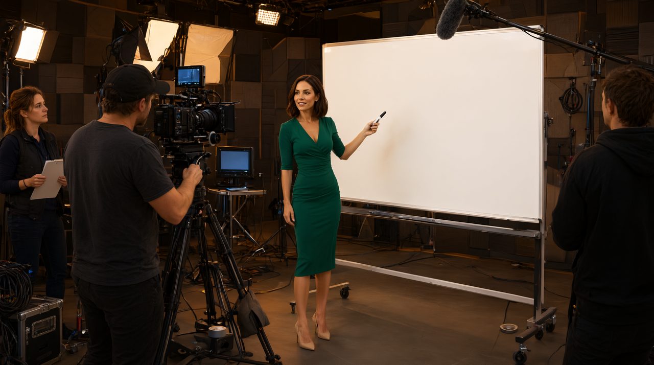A professional video crew filming an educational presenter at a whiteboard in a warmly lit studio.