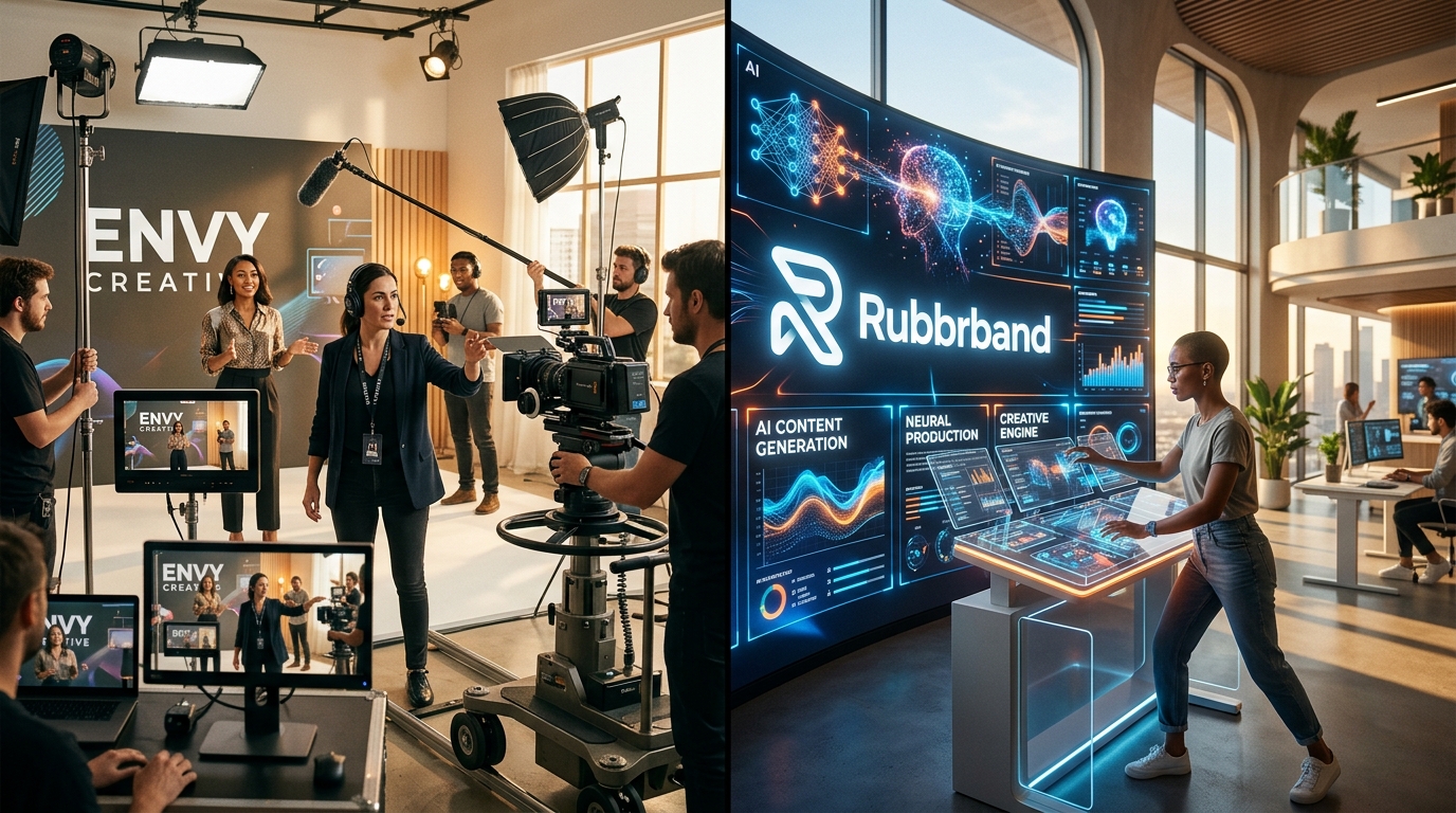Split‑screen comparison of Envy Creative’s film crew on a bright studio set and Rubbrband’s AI interface, highlighting the dynamic competition in video production.