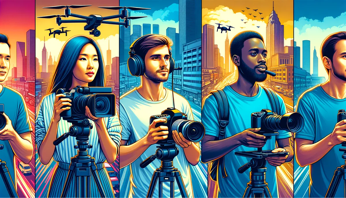A vibrant, stylized illustration of four individuals holding cameras on tripods. Each person is depicted against an urban cityscape background with tall buildings. Drones are flying in the sky above each scene. The first person on the left is wearing a blue shirt, the second person is a woman with long hair and a striped shirt, the third person is wearing headphones and a white shirt, and the fourth person is casually dressed and holding a camera. The image uses bright and contrasting colors, creating a dynamic and modern feel.