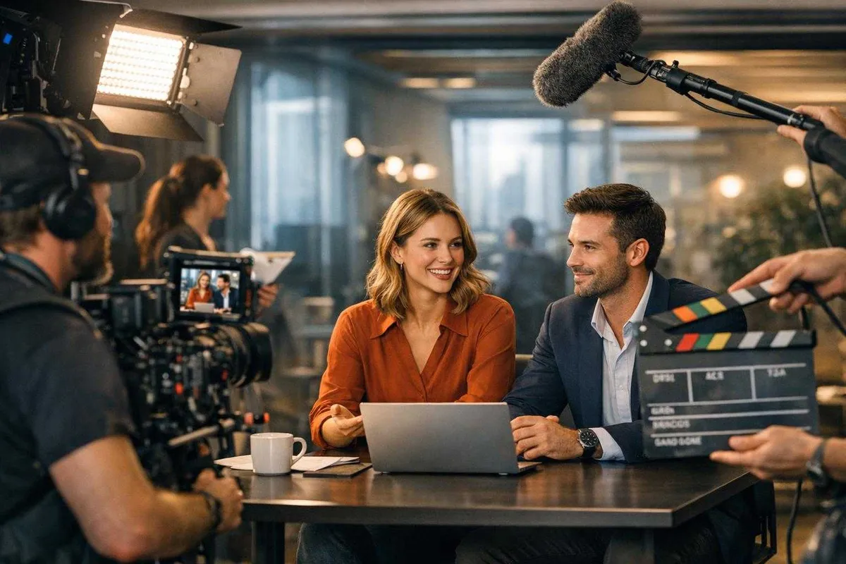 A behind-the-scenes view of a video interview setup with two smiling subjects at a table, surrounded by camera equipment, crew members, and professional lighting in a modern office environment.