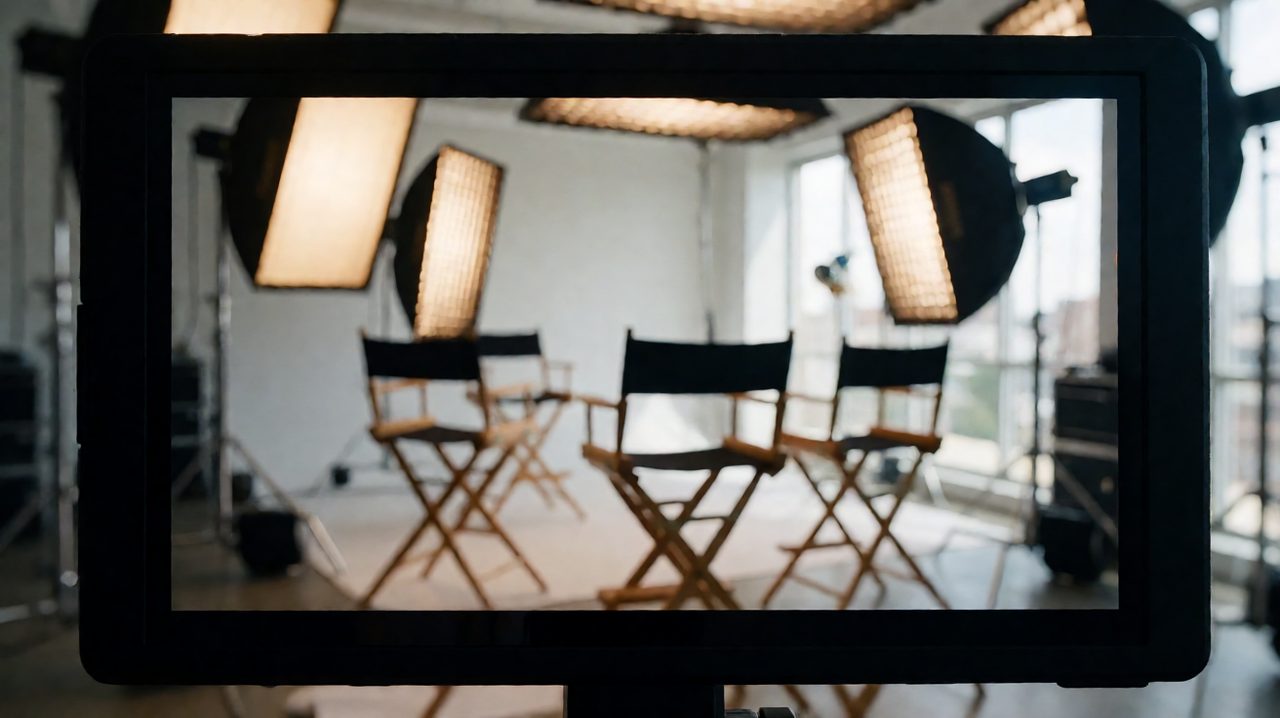 A professional video production studio set viewed through a camera monitor with glowing softbox lights.