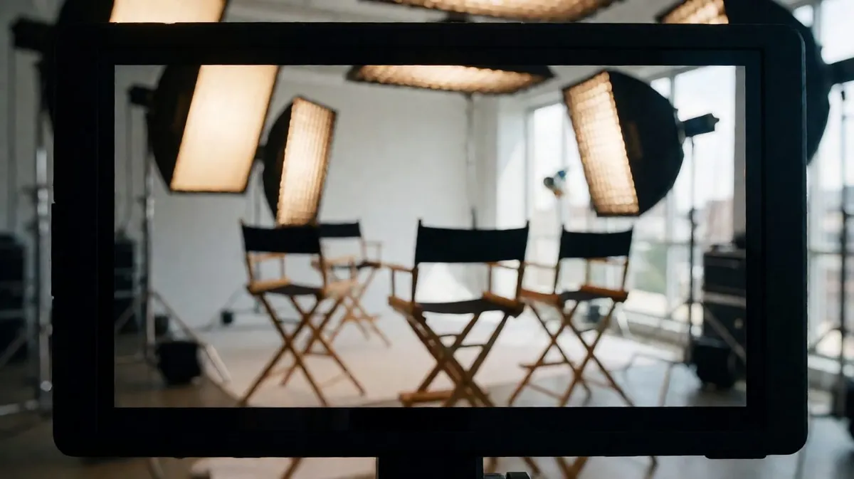 A professional video production studio set viewed through a camera monitor with glowing softbox lights.