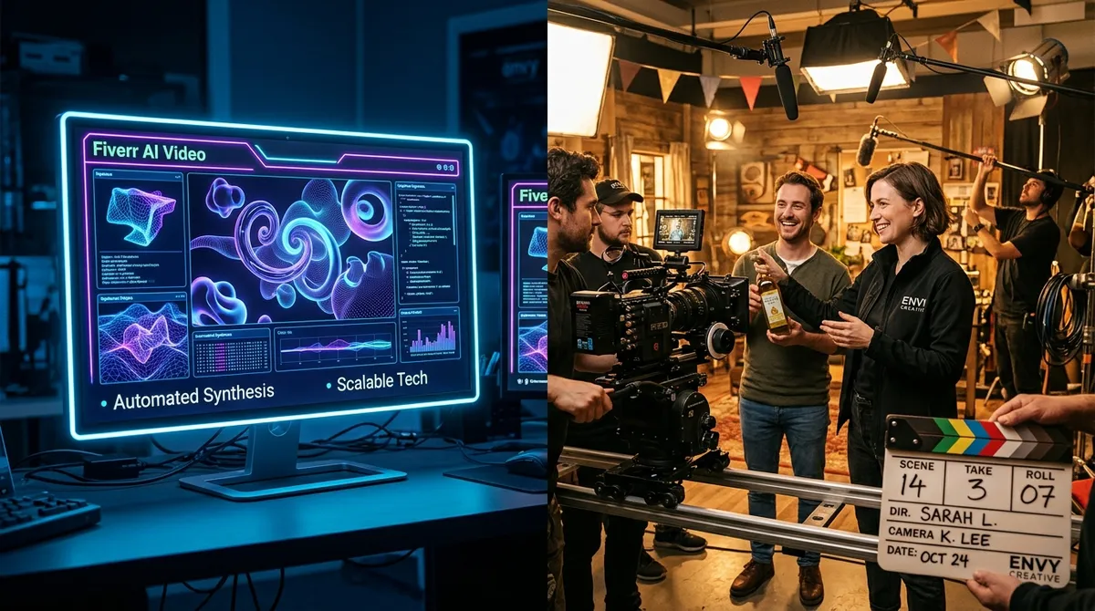 A side-by-side comparison of a glowing blue computer monitor showing Fiverr AI Video interface versus a warm, professional Envy Creative live-action film set with a crew and actors.