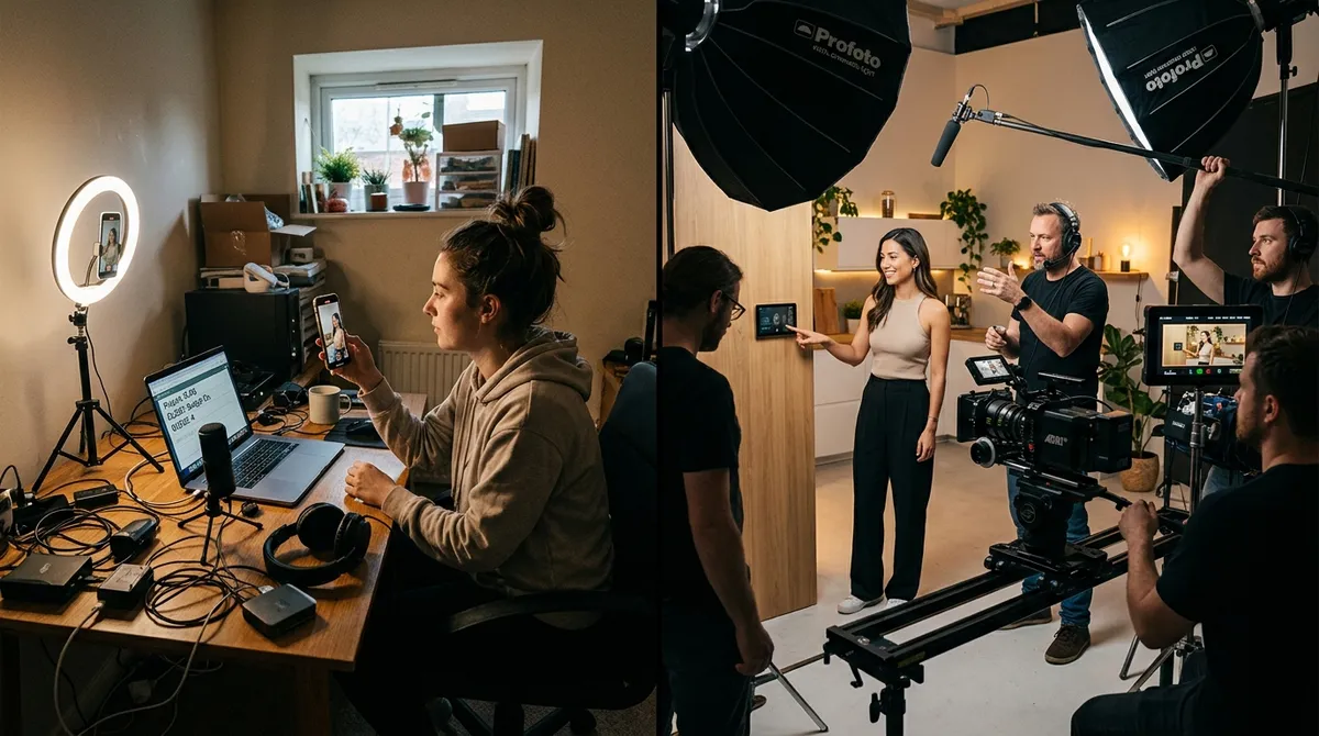 A split studio scene showing a budget freelance camera setup on the left and a high-end Envy Creative film production crew on the right filming an Amazon product commercial.