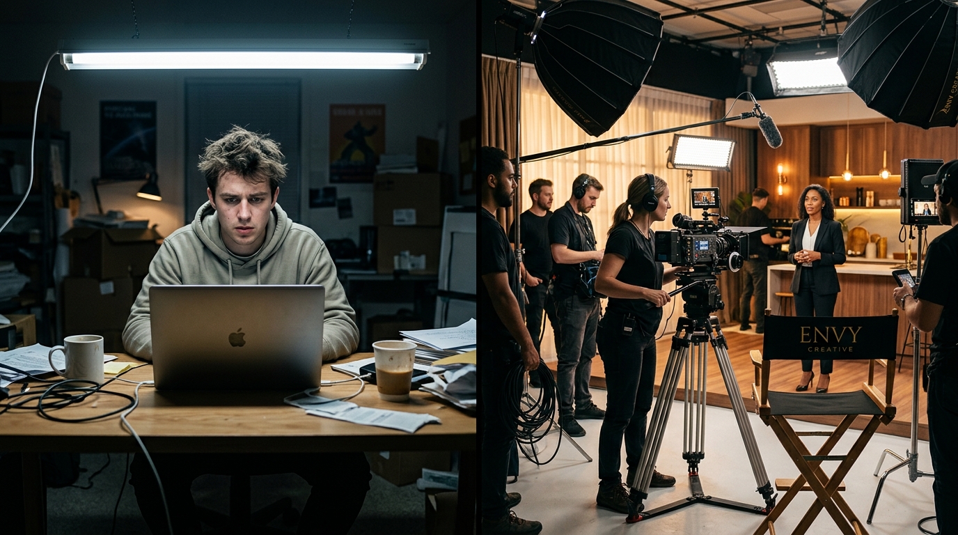 A split-screen comparison showing a stressed entrepreneur viewing a low-quality video template next to a professional film crew shooting a high-end crowdfunding video on a cinematic set.