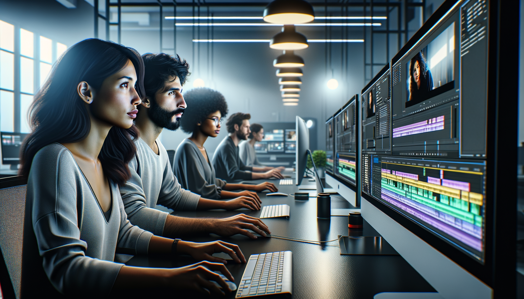 Professional video editing team collaborating in modern studio with multiple monitors displaying video timelines and colorful code, featuring diverse creators with focused expressions in a cinematic minimalist workspace