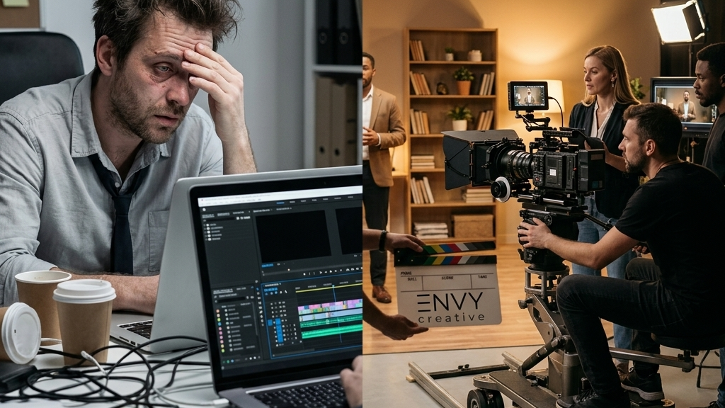 A cinematic split-screen composition comparing a stressed businessman editing templates on a laptop on the left side with a professional, warmly lit Envy Creative studio set on the right side where a crew is filming a B2B product commercial with a large cinema camera.